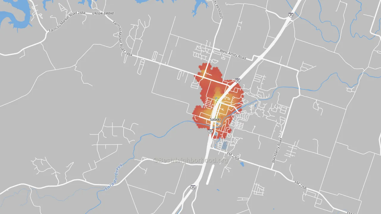 Walk Grade map of 76571, TX, walkable areas in green and car-dependent areas in red