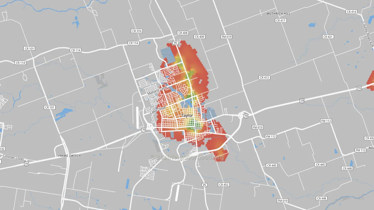 Walk Grade map of 76574, TX, walkable areas in green and car-dependent areas in red