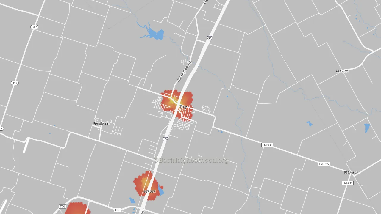 Walk Grade map of 76579, TX, walkable areas in green and car-dependent areas in red