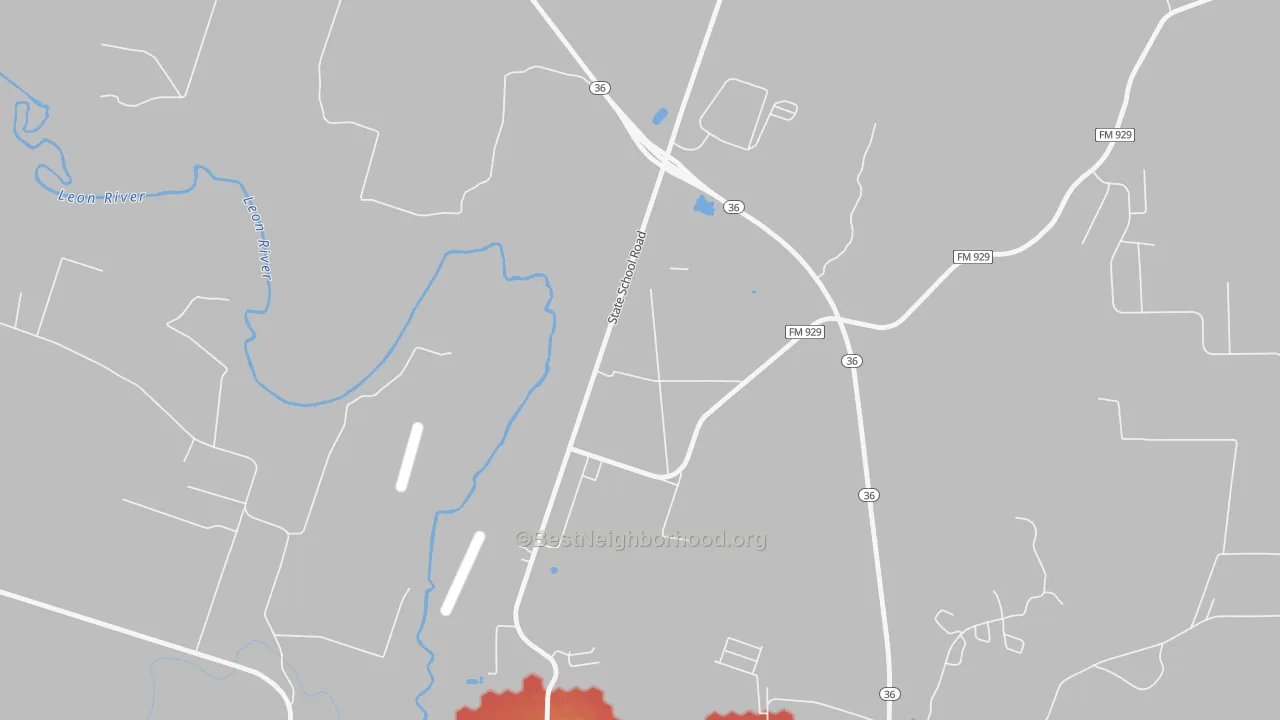 Walk Grade map of 76599, TX, walkable areas in green and car-dependent areas in red