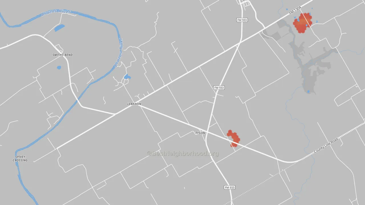 Walk Grade map of 76622, TX, walkable areas in green and car-dependent areas in red