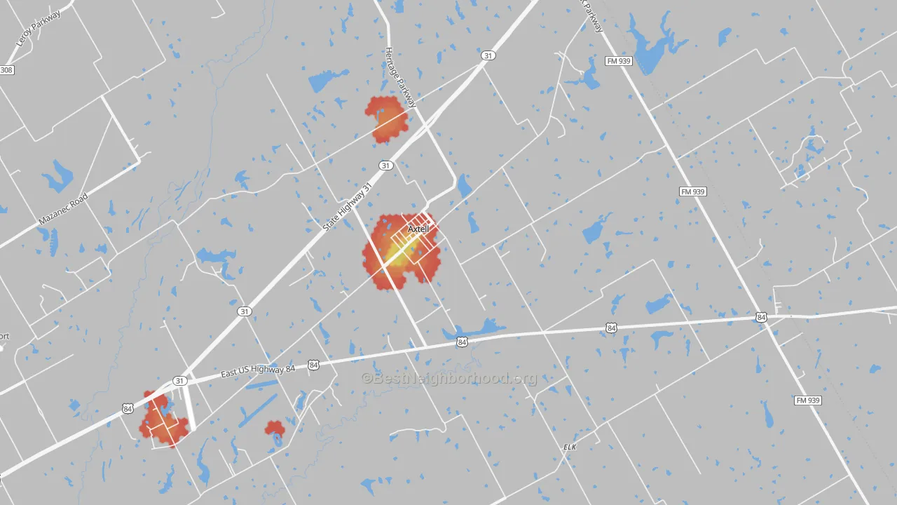 Walk Grade map of 76624, TX, walkable areas in green and car-dependent areas in red