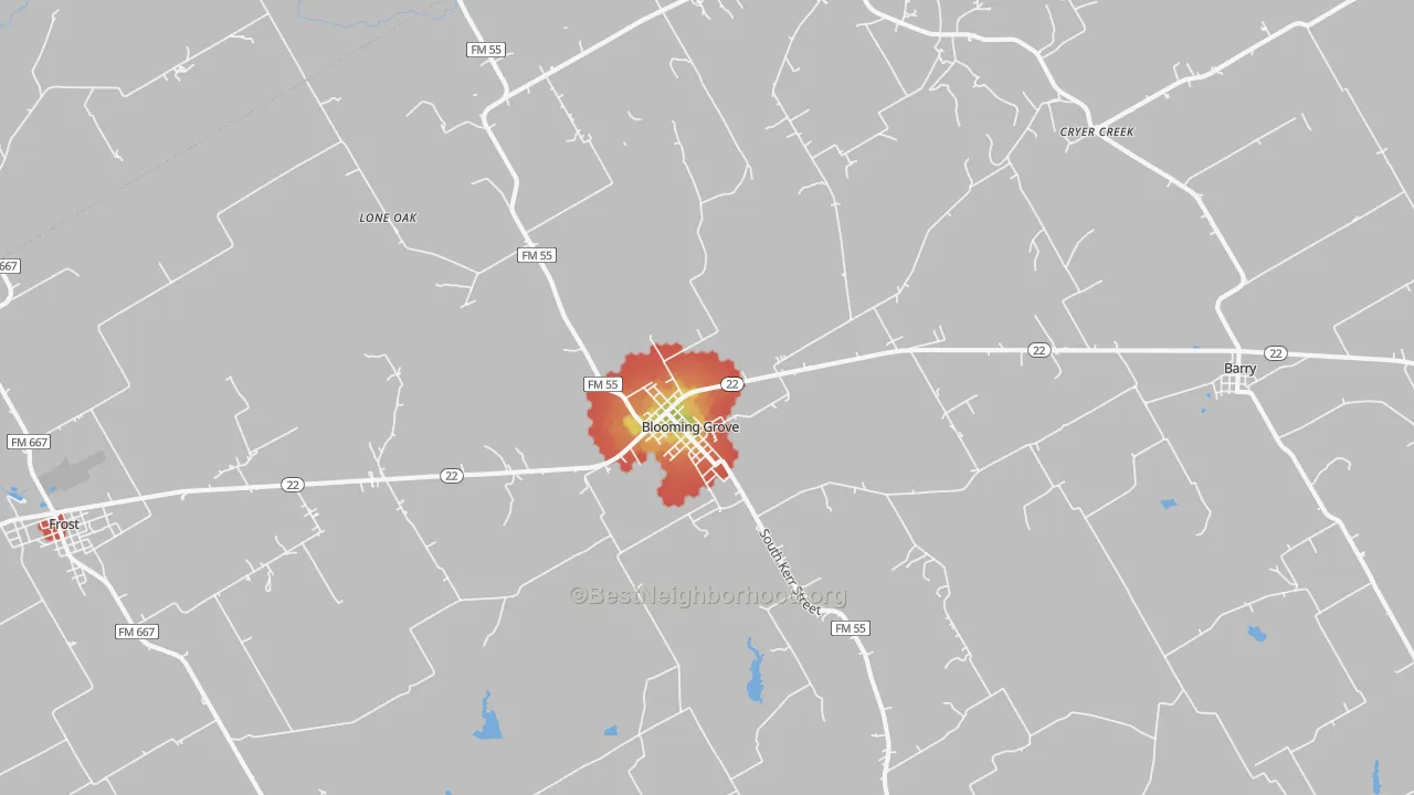Walk Grade map of 76626, TX, walkable areas in green and car-dependent areas in red