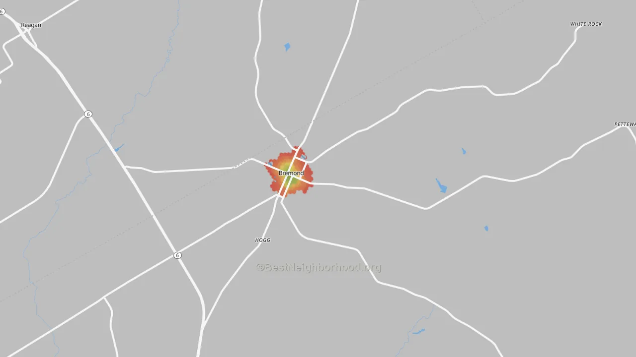 Walk Grade map of 76629, TX, walkable areas in green and car-dependent areas in red