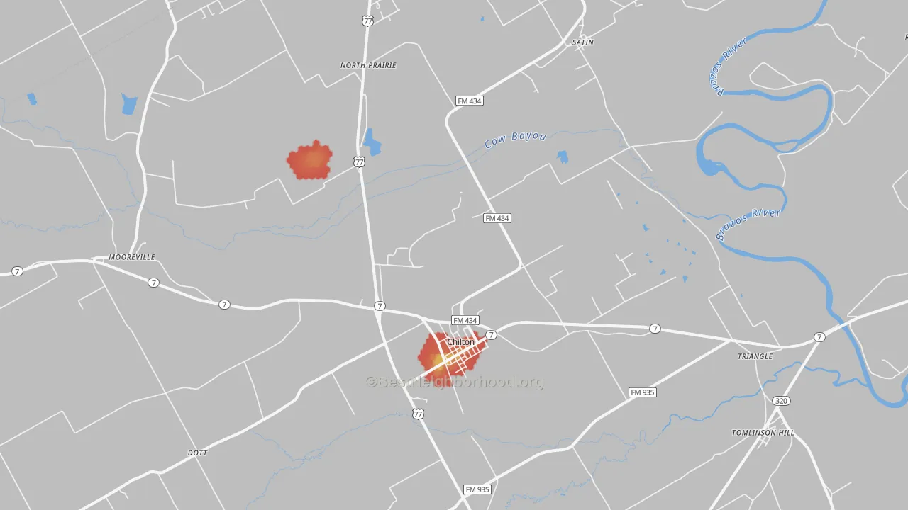 Walk Grade map of 76632, TX, walkable areas in green and car-dependent areas in red