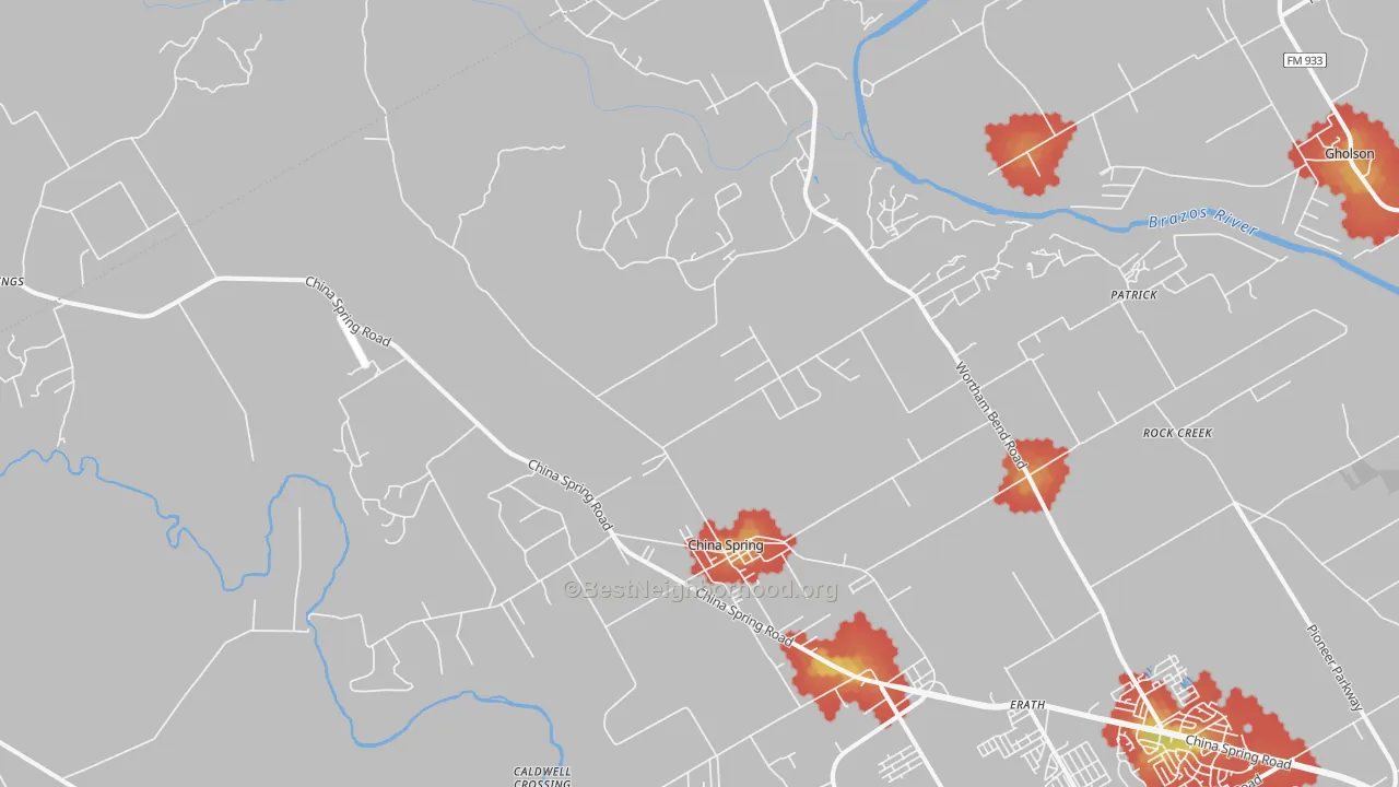 Walk Grade map of 76633, TX, walkable areas in green and car-dependent areas in red