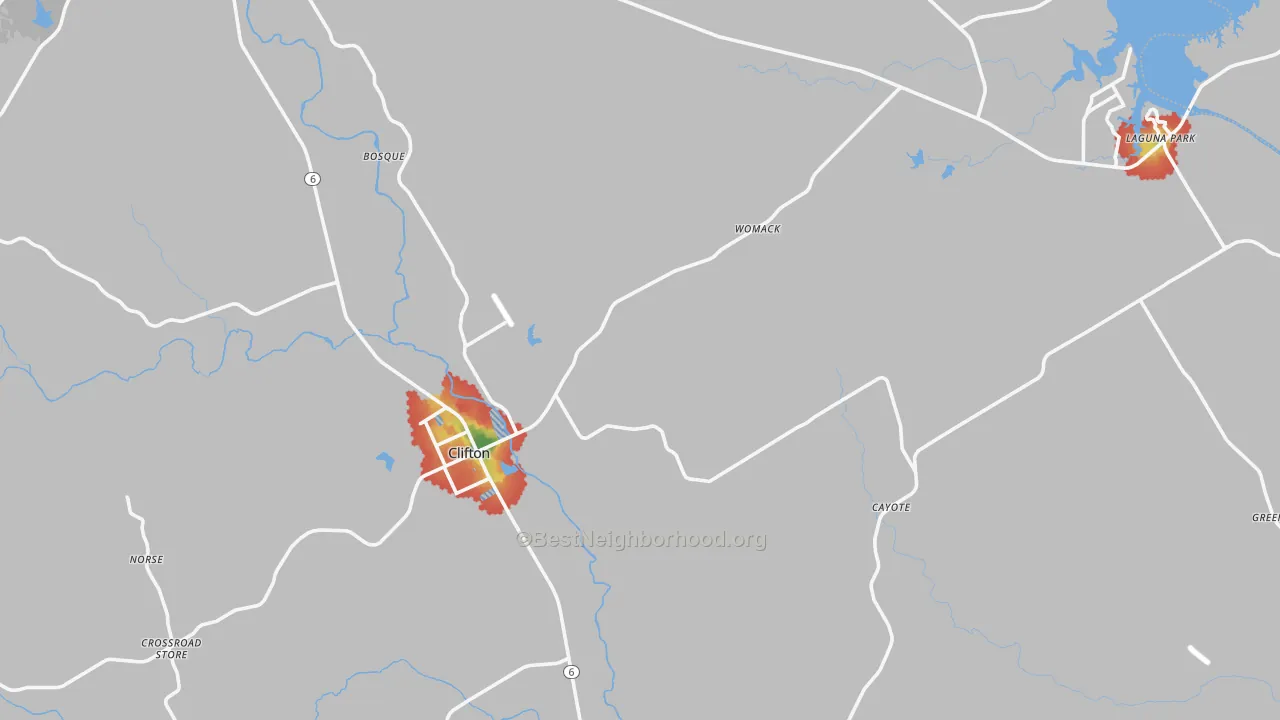 Walk Grade map of 76634, TX, walkable areas in green and car-dependent areas in red