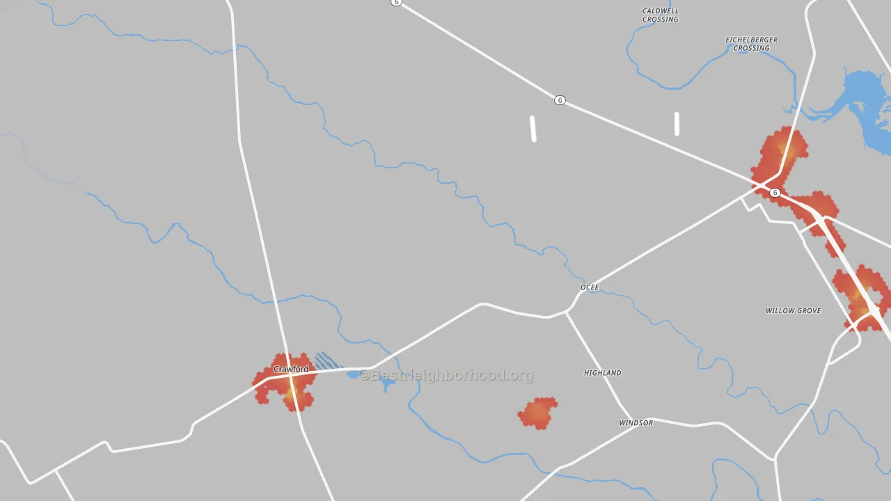 Walk Grade map of 76638, TX, walkable areas in green and car-dependent areas in red