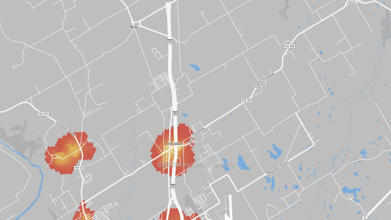 Walk Grade map of 76640, TX, walkable areas in green and car-dependent areas in red