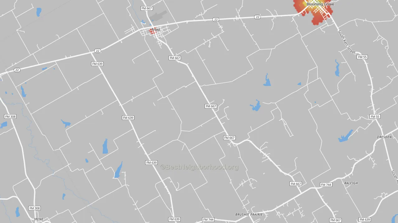 Walk Grade map of 76641, TX, walkable areas in green and car-dependent areas in red