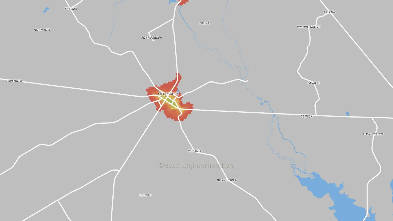 Walk Grade map of 76642, TX, walkable areas in green and car-dependent areas in red