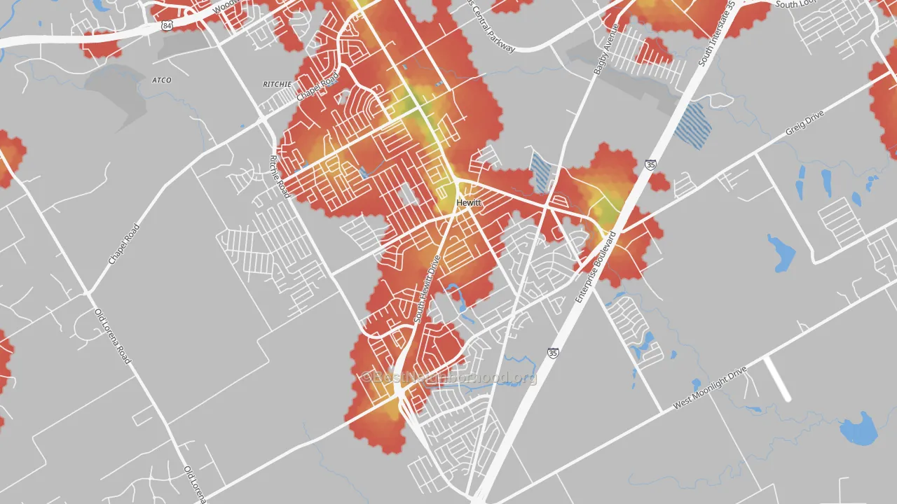 Walk Grade map of 76643, TX, walkable areas in green and car-dependent areas in red