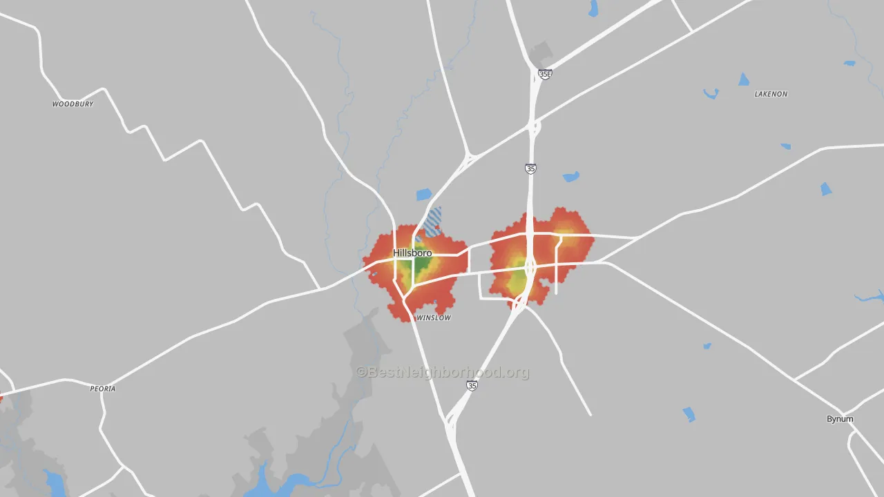 Walk Grade map of 76645, TX, walkable areas in green and car-dependent areas in red