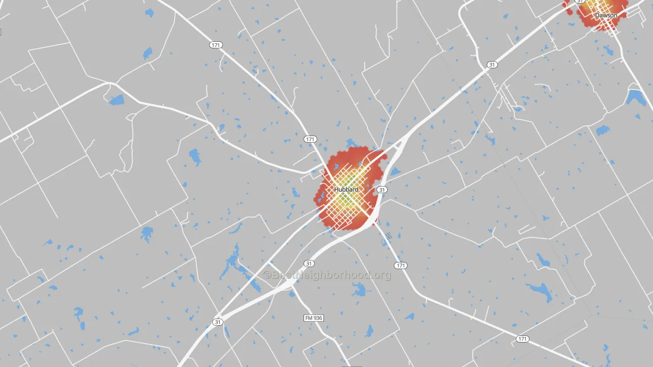 Walk Grade map of 76648, TX, walkable areas in green and car-dependent areas in red
