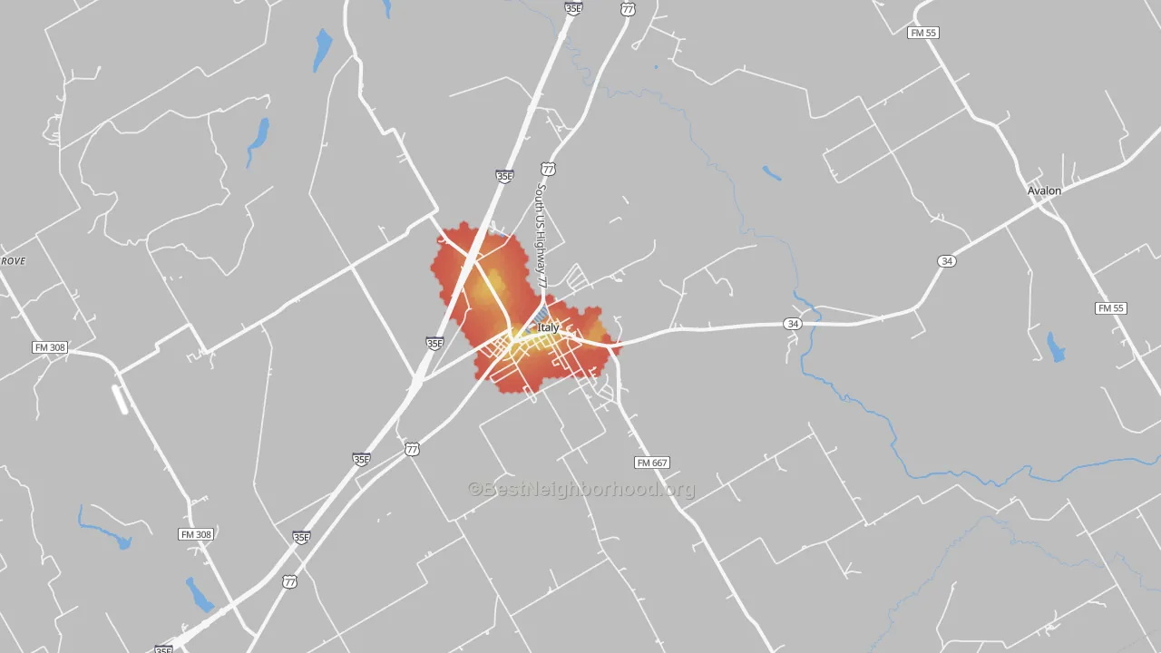 Walk Grade map of 76651, TX, walkable areas in green and car-dependent areas in red