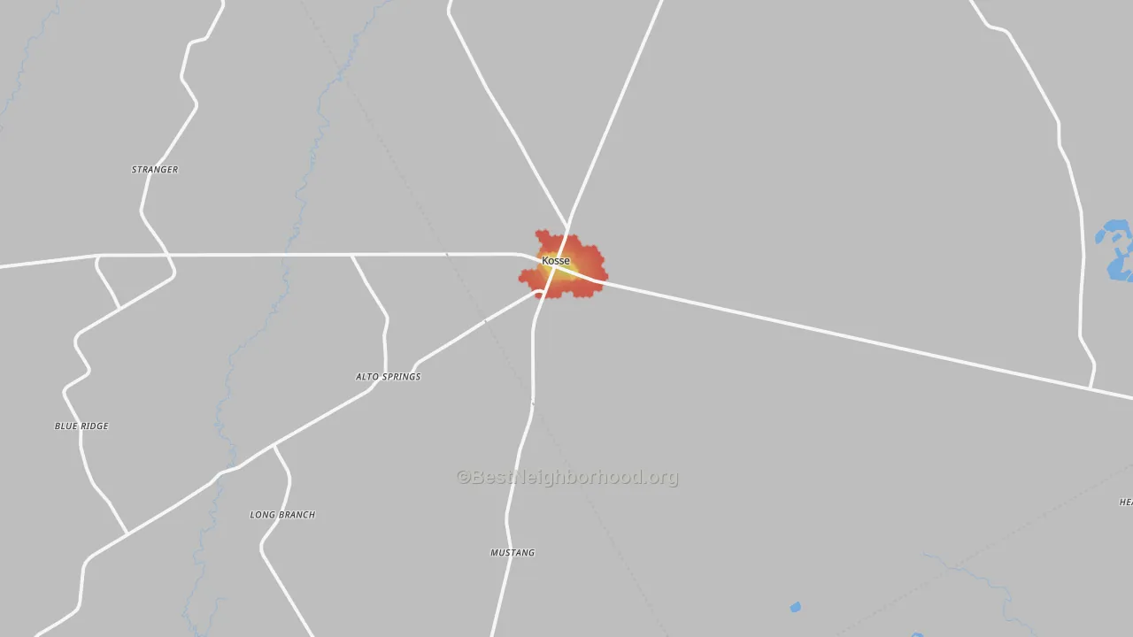 Walk Grade map of 76653, TX, walkable areas in green and car-dependent areas in red