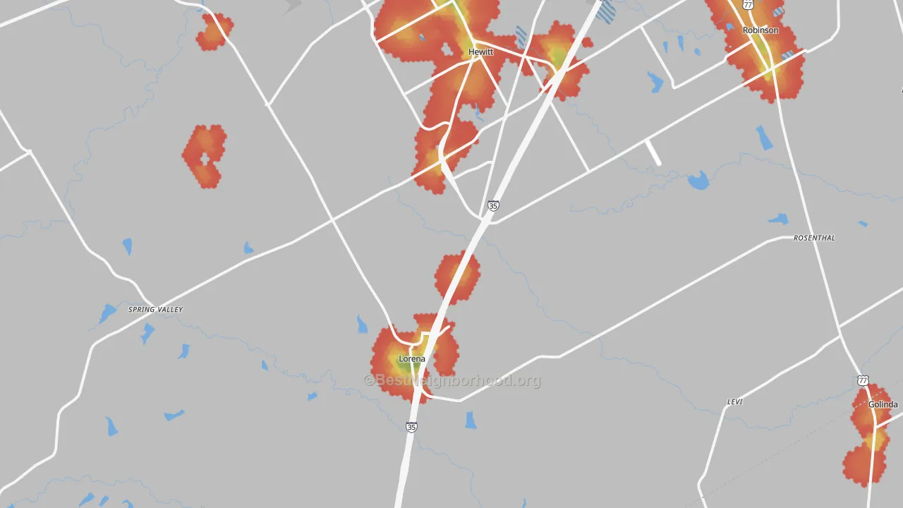 Walk Grade map of 76655, TX, walkable areas in green and car-dependent areas in red