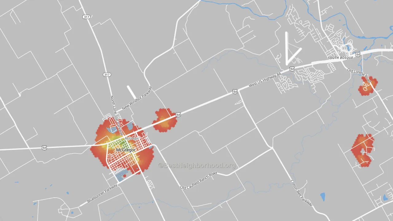 Walk Grade map of 76657, TX, walkable areas in green and car-dependent areas in red