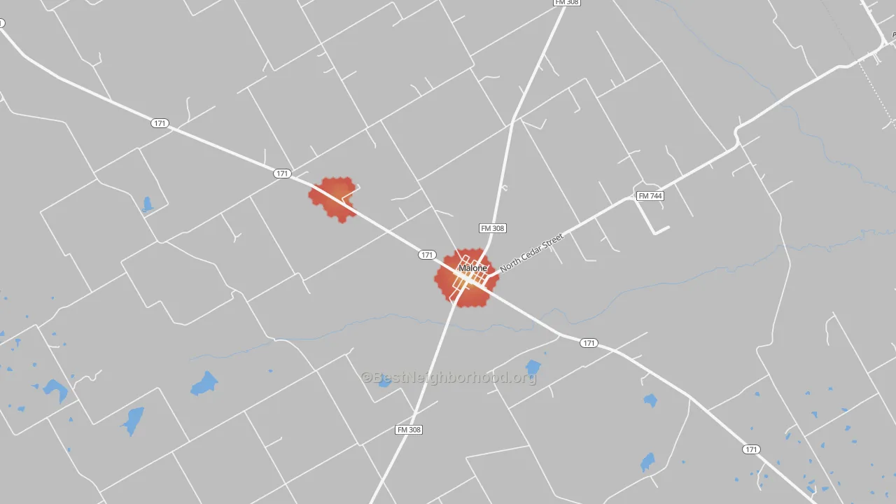 Walk Grade map of 76660, TX, walkable areas in green and car-dependent areas in red