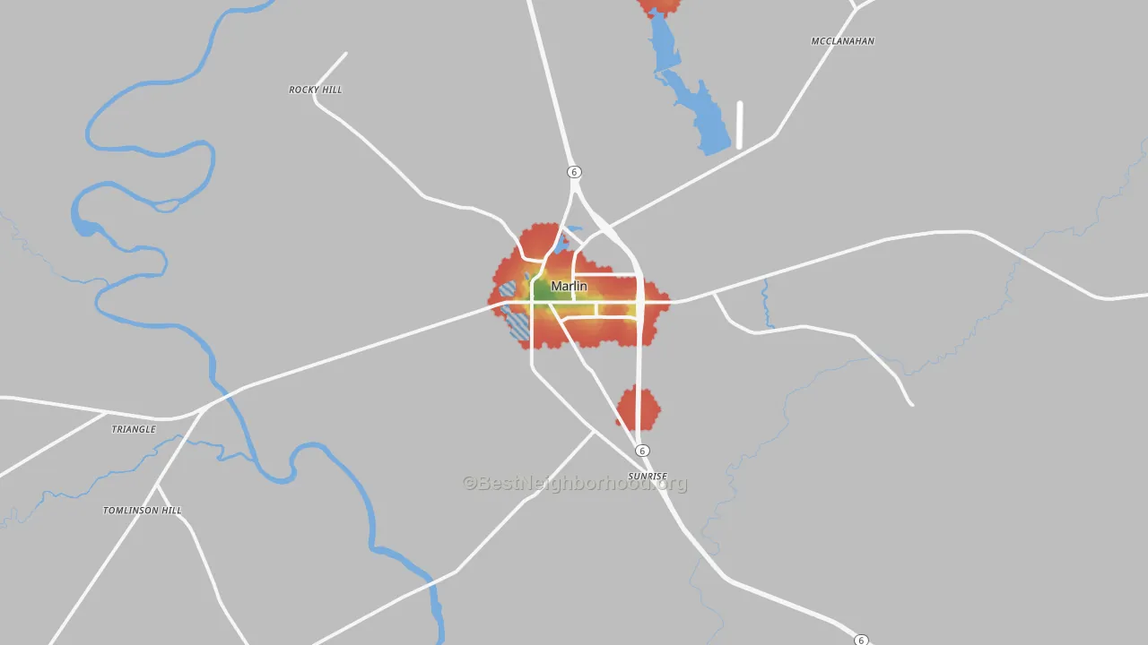 Walk Grade map of 76661, TX, walkable areas in green and car-dependent areas in red