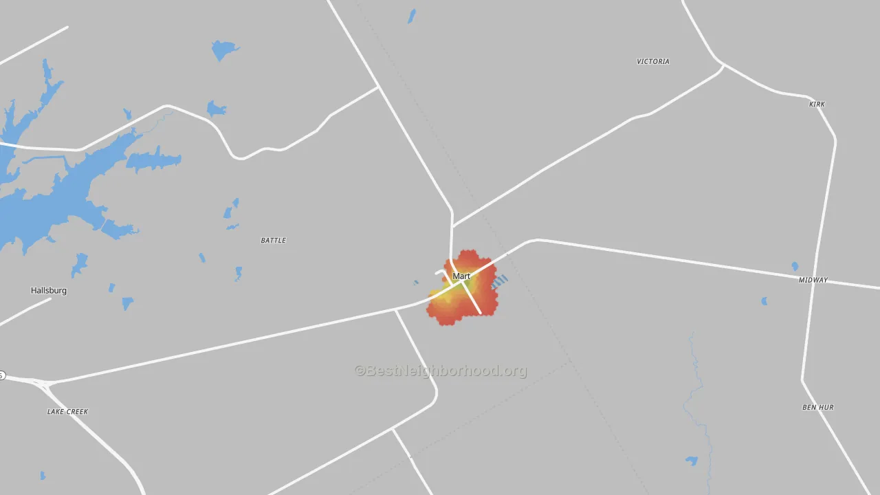 Walk Grade map of 76664, TX, walkable areas in green and car-dependent areas in red