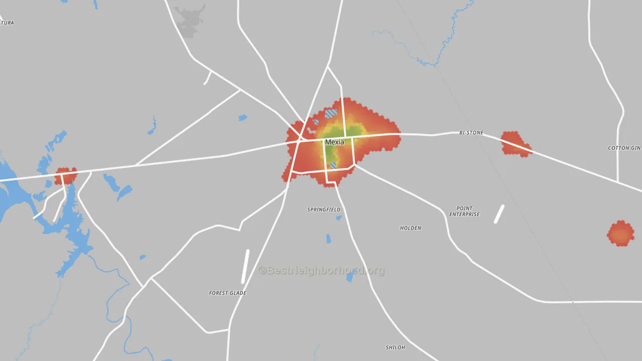 Walk Grade map of 76667, TX, walkable areas in green and car-dependent areas in red