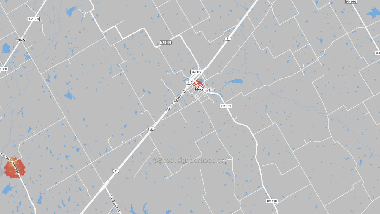 Walk Grade map of 76673, TX, walkable areas in green and car-dependent areas in red