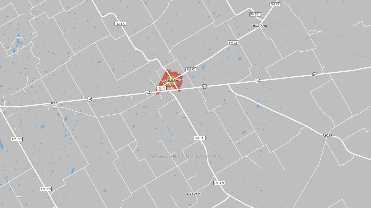 Walk Grade map of 76678, TX, walkable areas in green and car-dependent areas in red