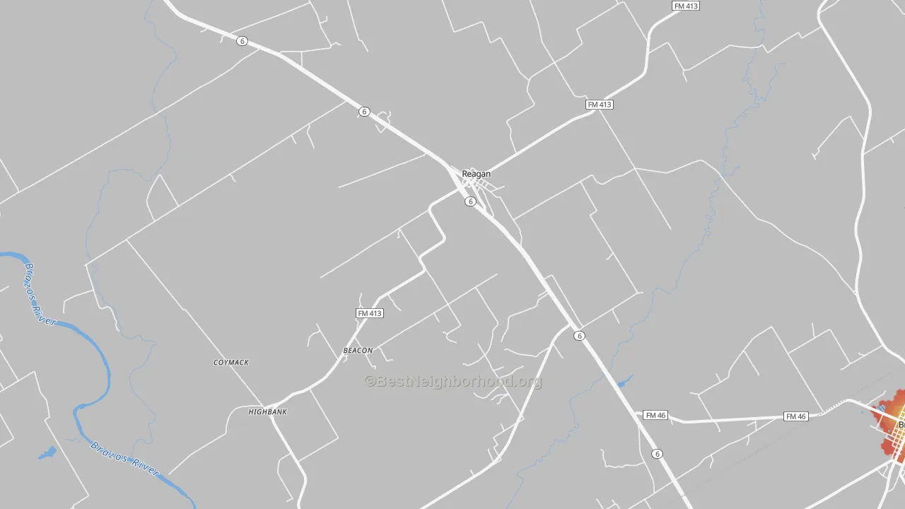 Walk Grade map of 76680, TX, walkable areas in green and car-dependent areas in red