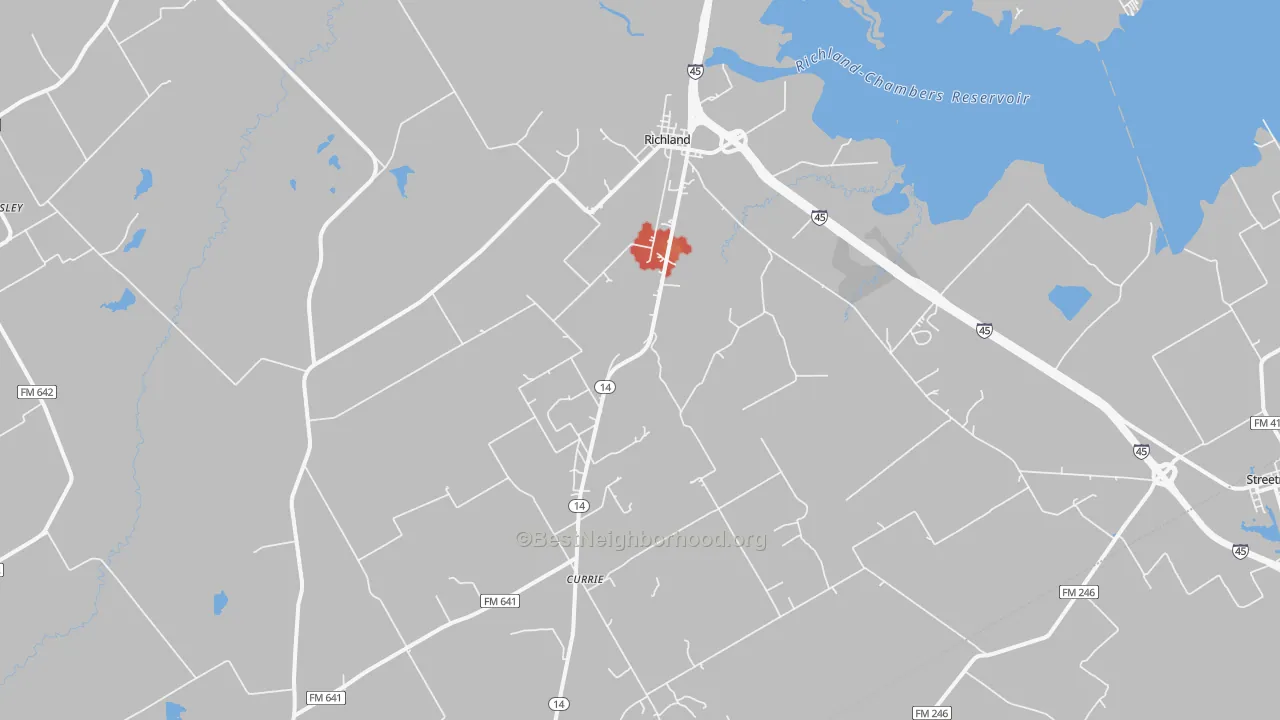 Walk Grade map of 76681, TX, walkable areas in green and car-dependent areas in red