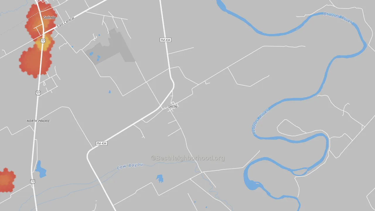 Walk Grade map of 76685, TX, walkable areas in green and car-dependent areas in red