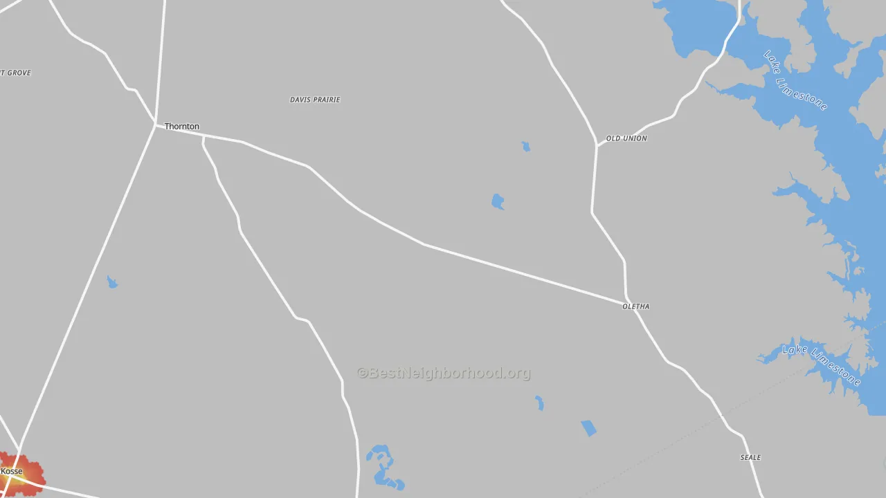 Walk Grade map of 76687, TX, walkable areas in green and car-dependent areas in red