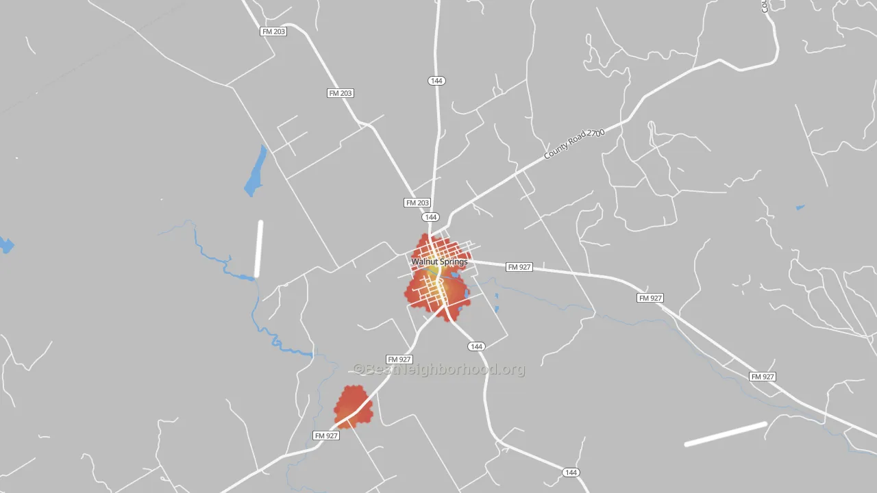 Walk Grade map of 76690, TX, walkable areas in green and car-dependent areas in red