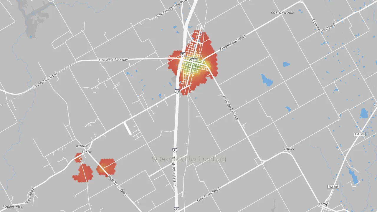 Walk Grade map of 76691, TX, walkable areas in green and car-dependent areas in red