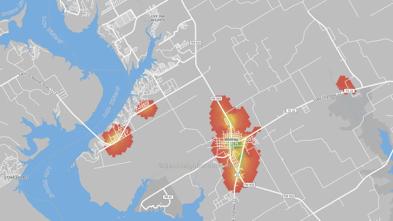 Walk Grade map of 76692, TX, walkable areas in green and car-dependent areas in red