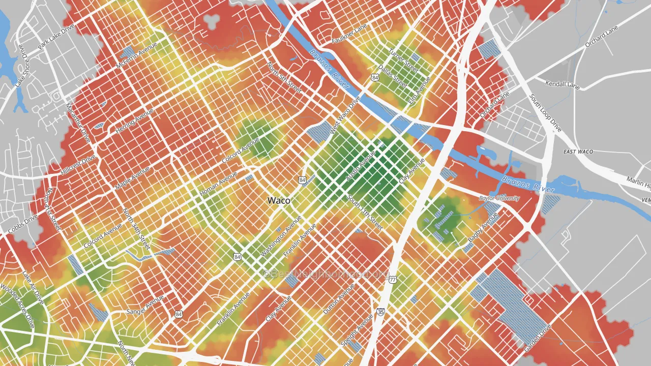 Walk Grade map of 76701, TX, walkable areas in green and car-dependent areas in red