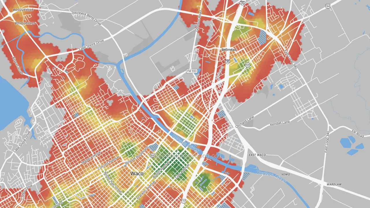 Walk Grade map of 76704, TX, walkable areas in green and car-dependent areas in red