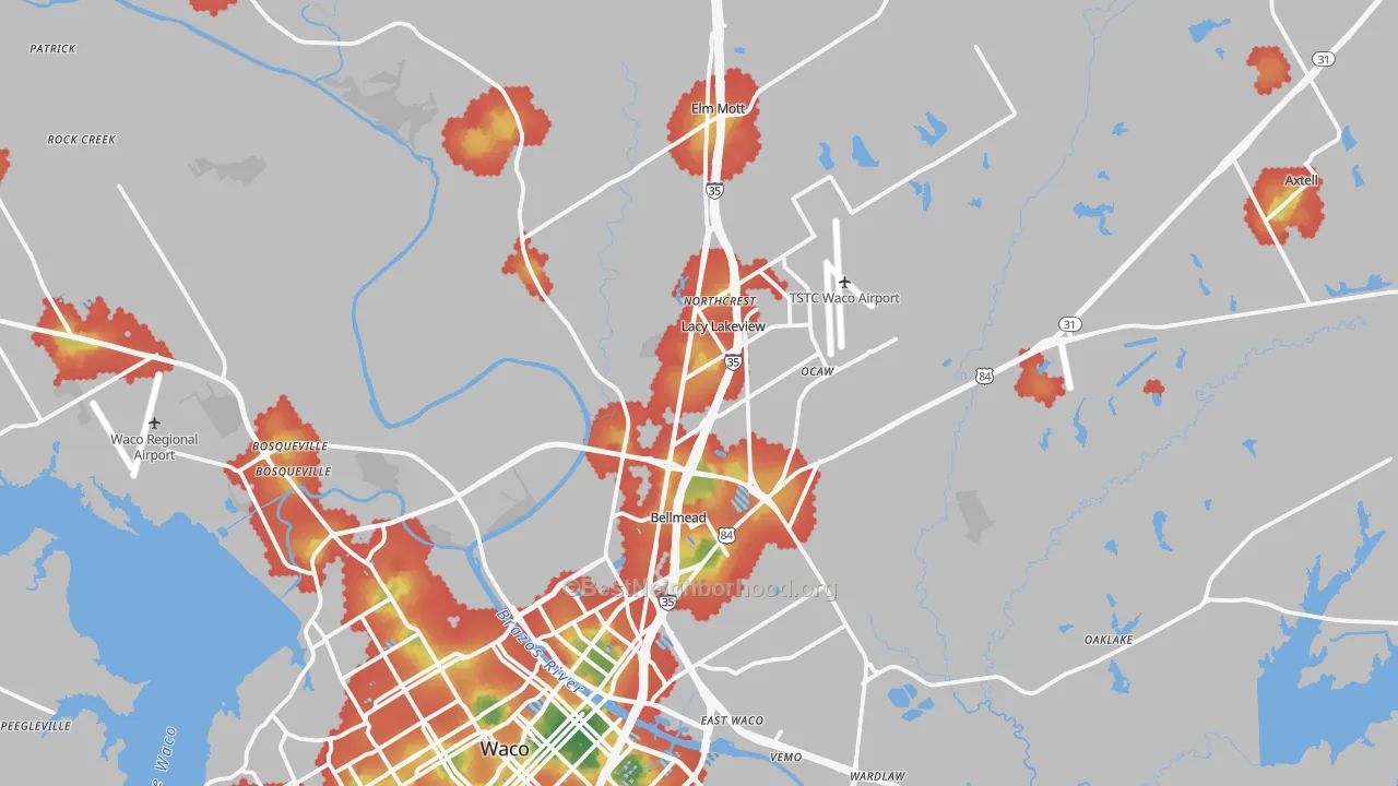 Walk Grade map of 76705, TX, walkable areas in green and car-dependent areas in red