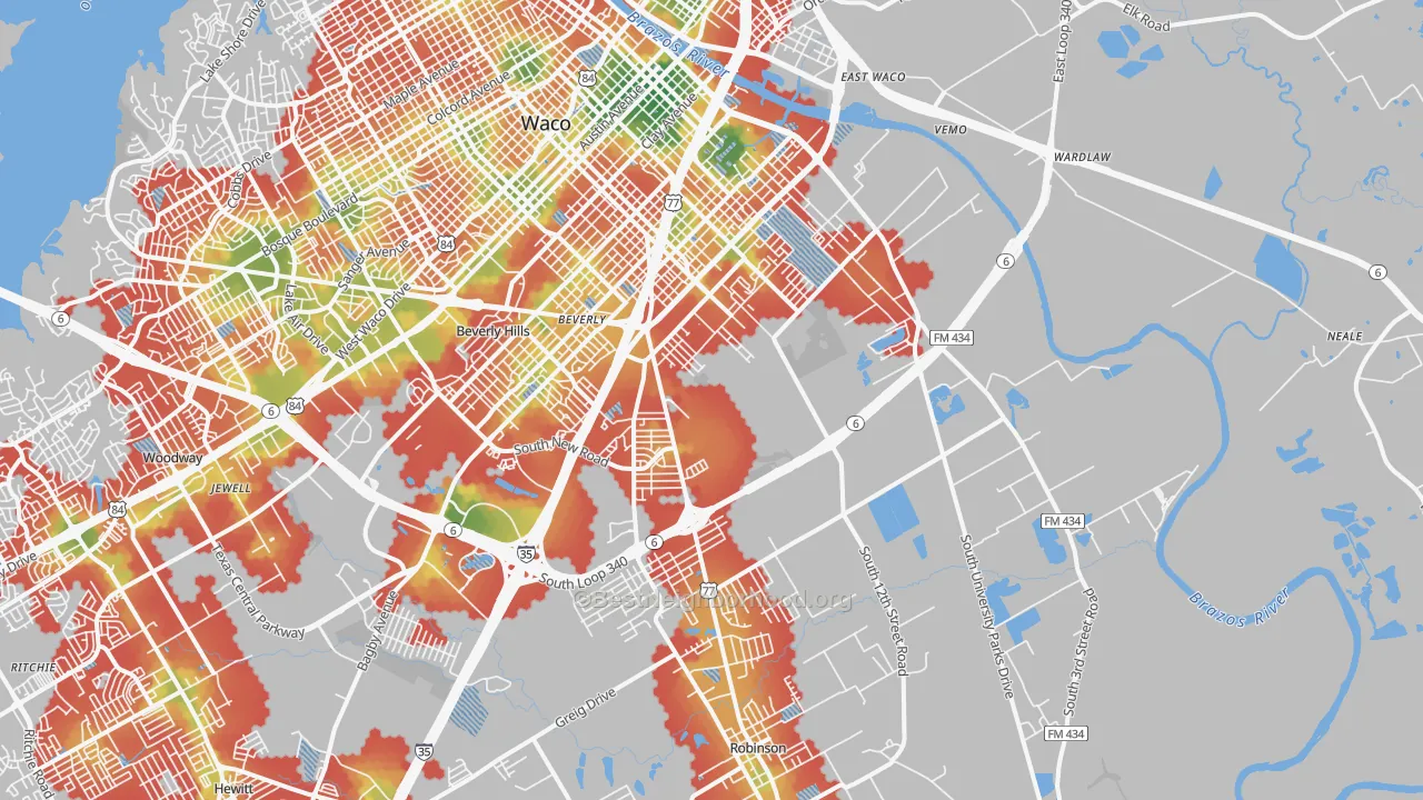 Walk Grade map of 76706, TX, walkable areas in green and car-dependent areas in red