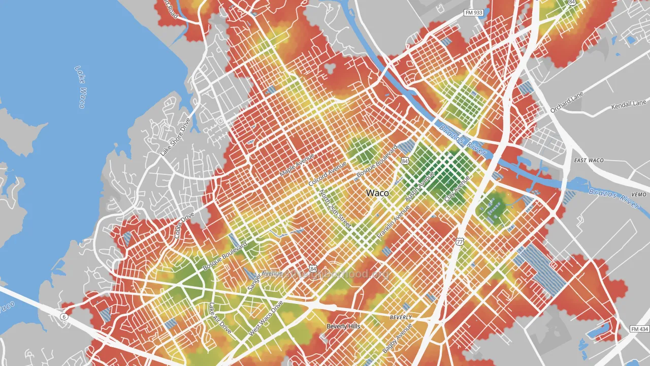 Walk Grade map of 76707, TX, walkable areas in green and car-dependent areas in red