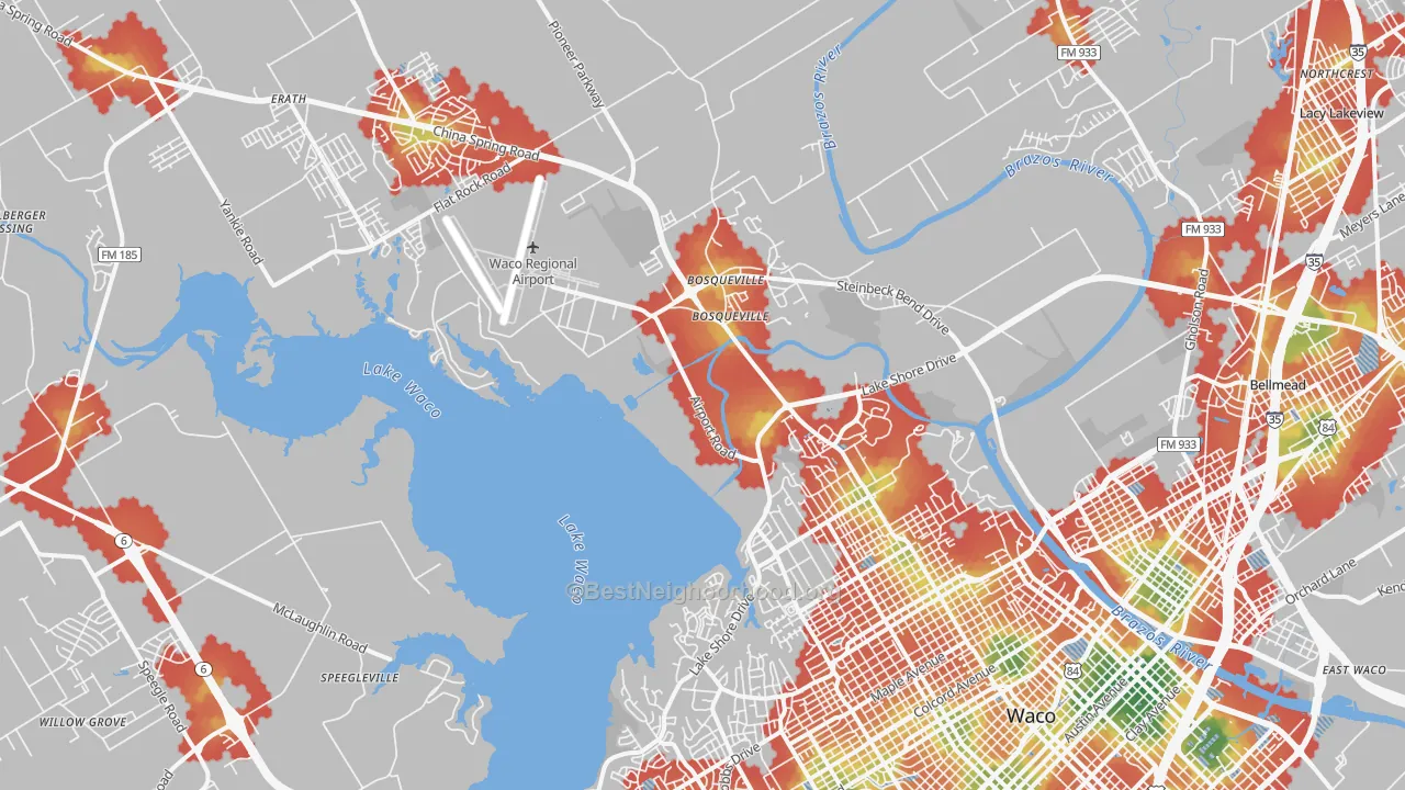 Walk Grade map of 76708, TX, walkable areas in green and car-dependent areas in red