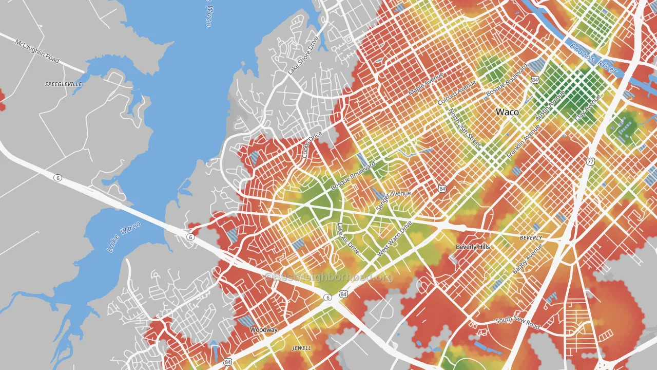 Walk Grade map of 76710, TX, walkable areas in green and car-dependent areas in red