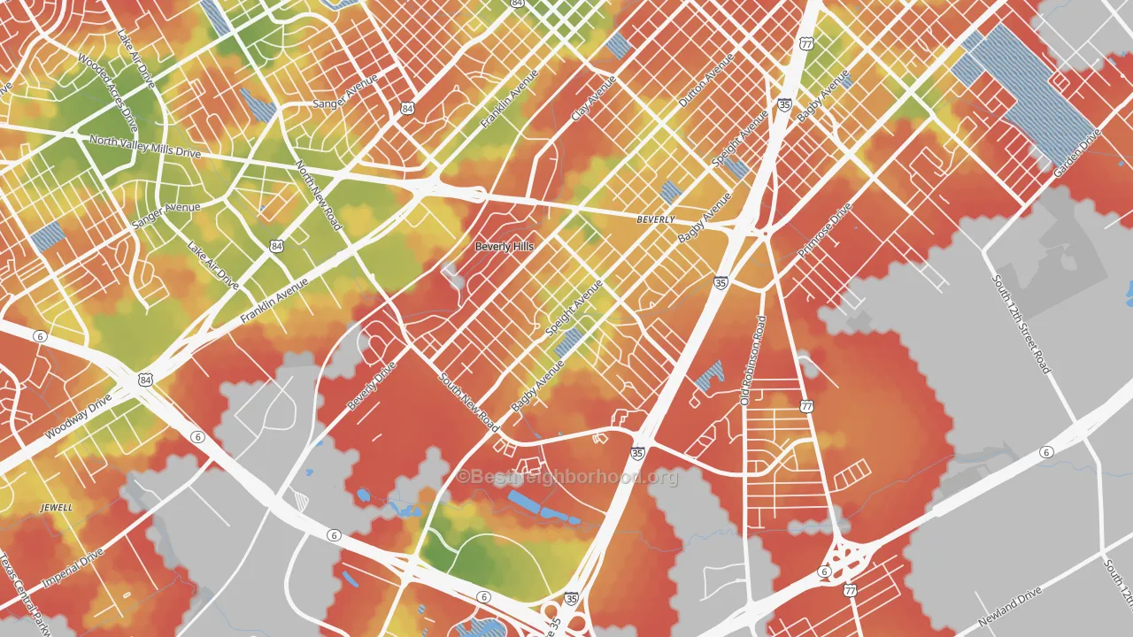 Walk Grade map of 76711, TX, walkable areas in green and car-dependent areas in red