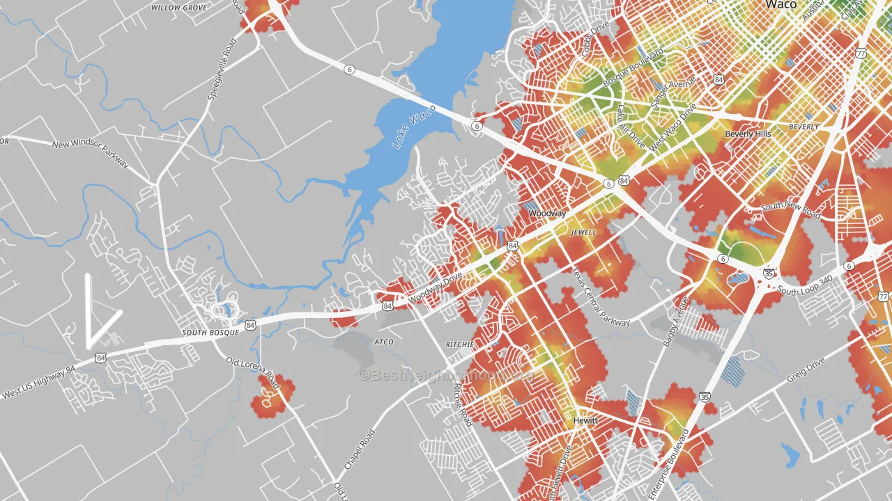 Walk Grade map of 76712, TX, walkable areas in green and car-dependent areas in red