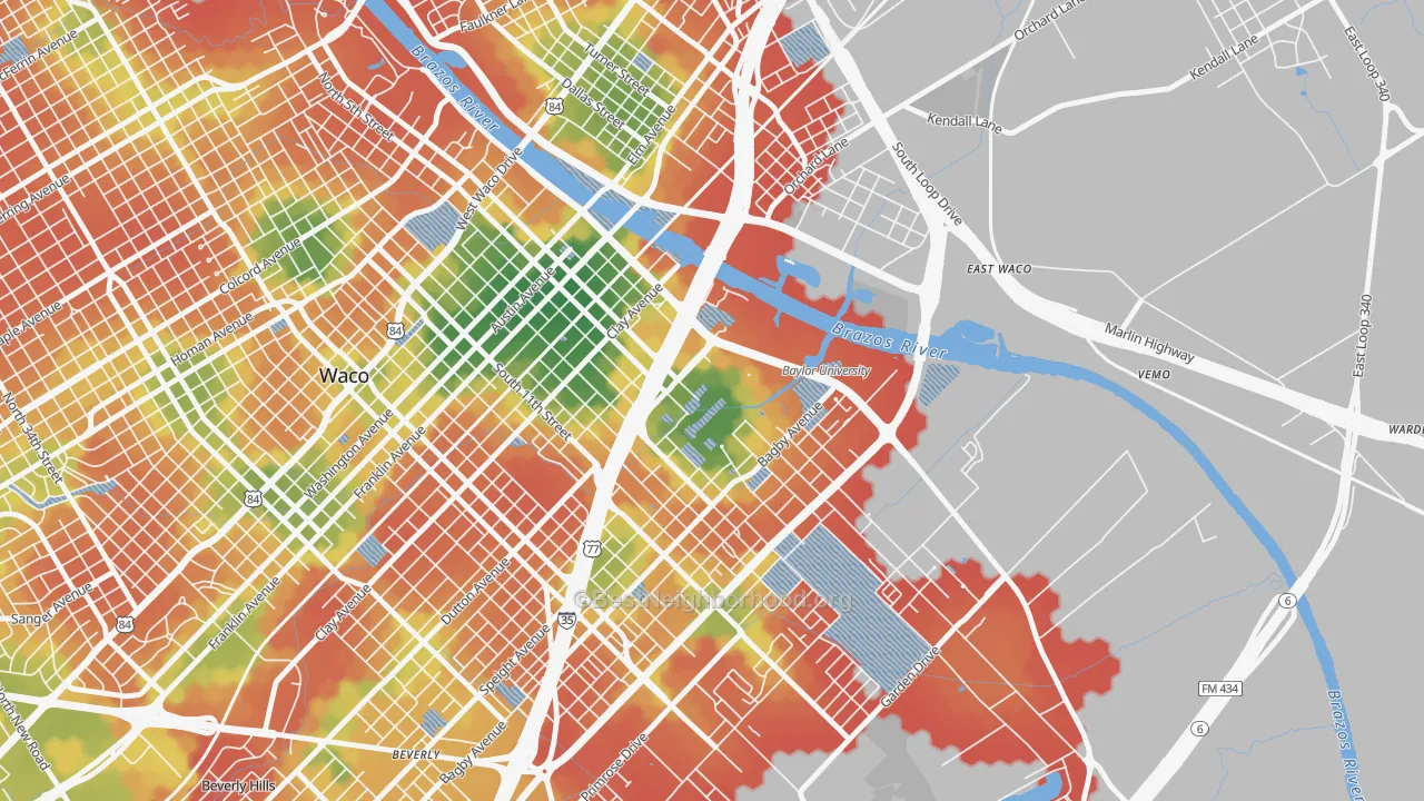 Walk Grade map of 76798, TX, walkable areas in green and car-dependent areas in red