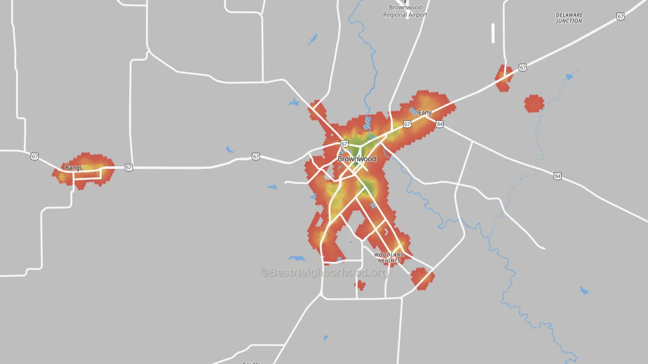 Walk Grade map of 76801, TX, walkable areas in green and car-dependent areas in red