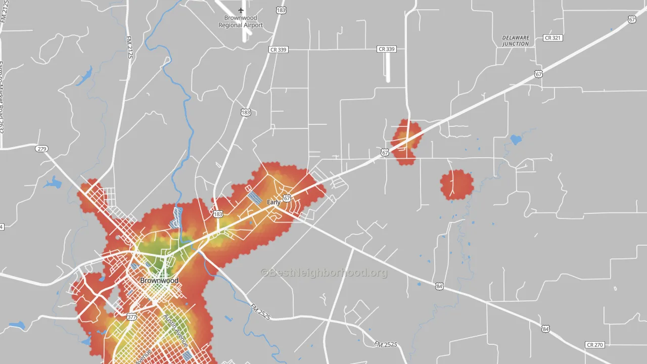 Walk Grade map of 76802, TX, walkable areas in green and car-dependent areas in red