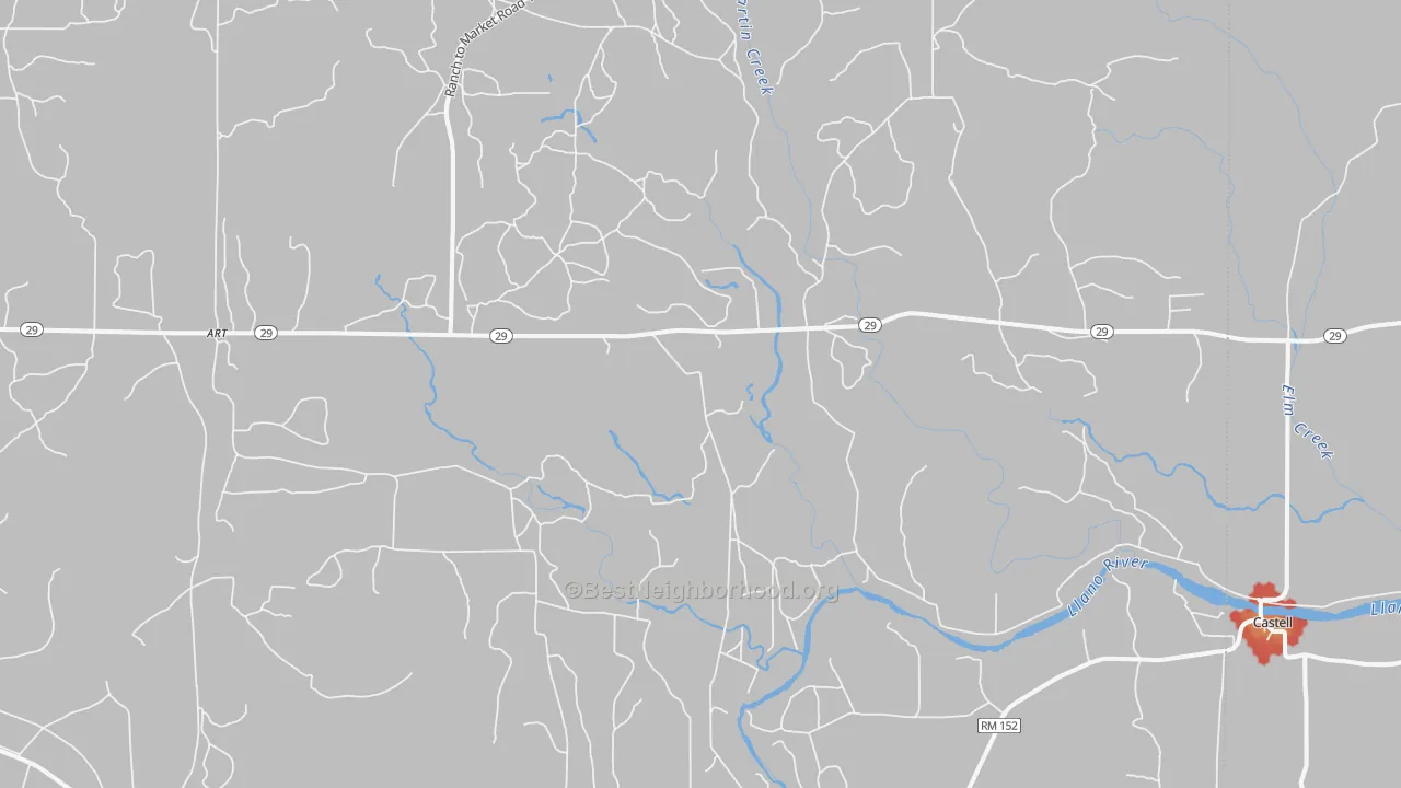 Walk Grade map of 76820, TX, walkable areas in green and car-dependent areas in red