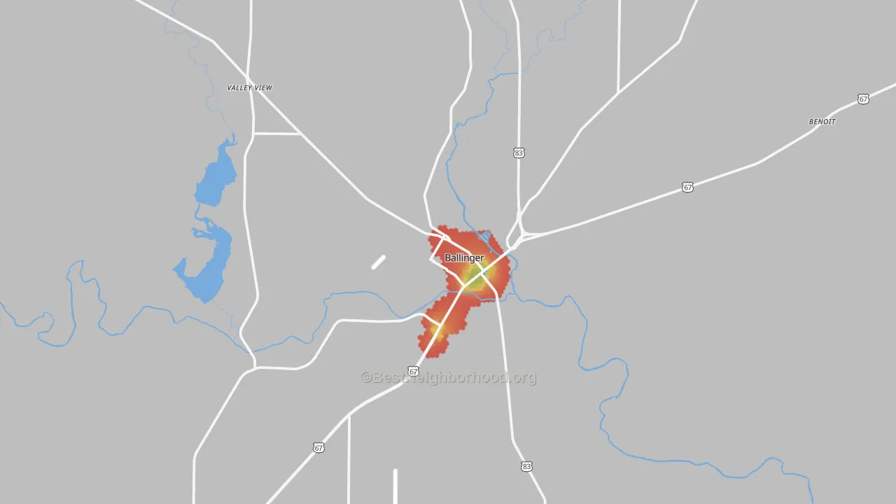 Walk Grade map of 76821, TX, walkable areas in green and car-dependent areas in red
