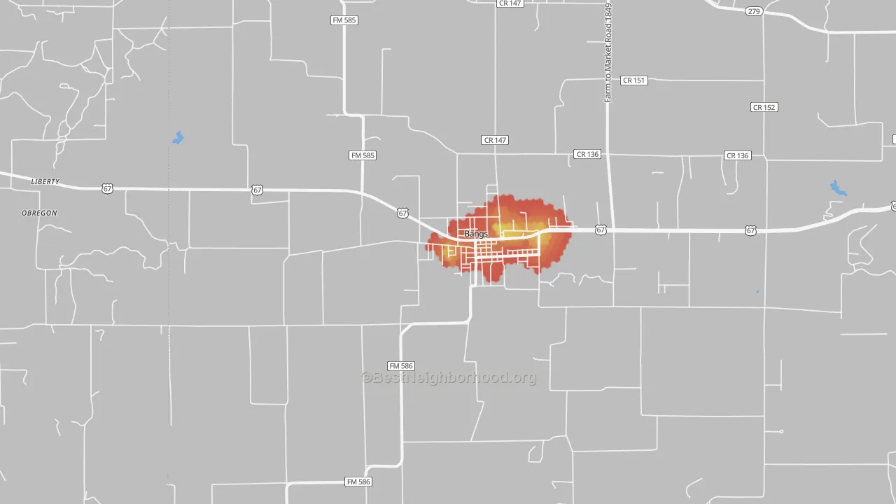 Walk Grade map of 76823, TX, walkable areas in green and car-dependent areas in red